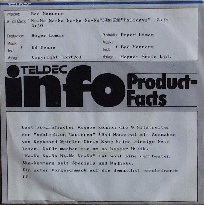 Bad Manners - Ne-Ne Na-Na Na-Na Nu-Nu / Holidays - 7"