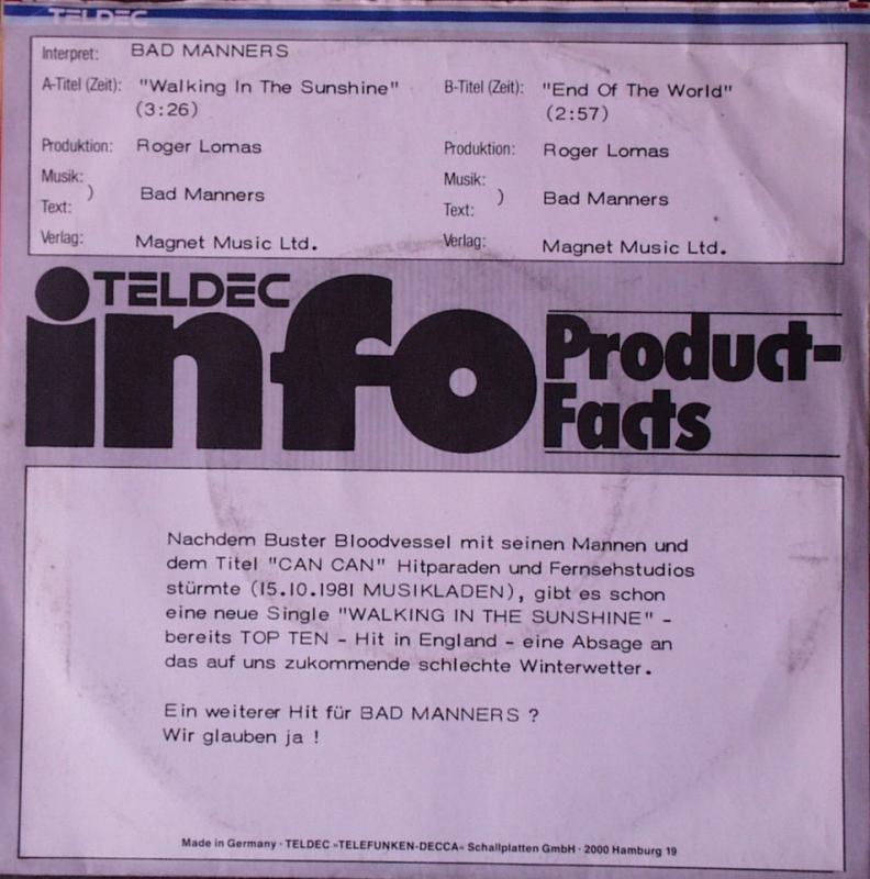 Bad Manners - Walking on Sunshine / End Of The World - 7"