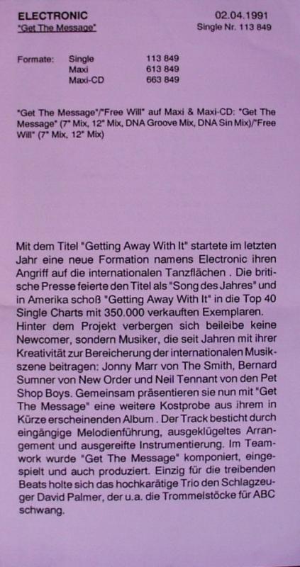 Electronic - Get The Message / Free Will - 7"