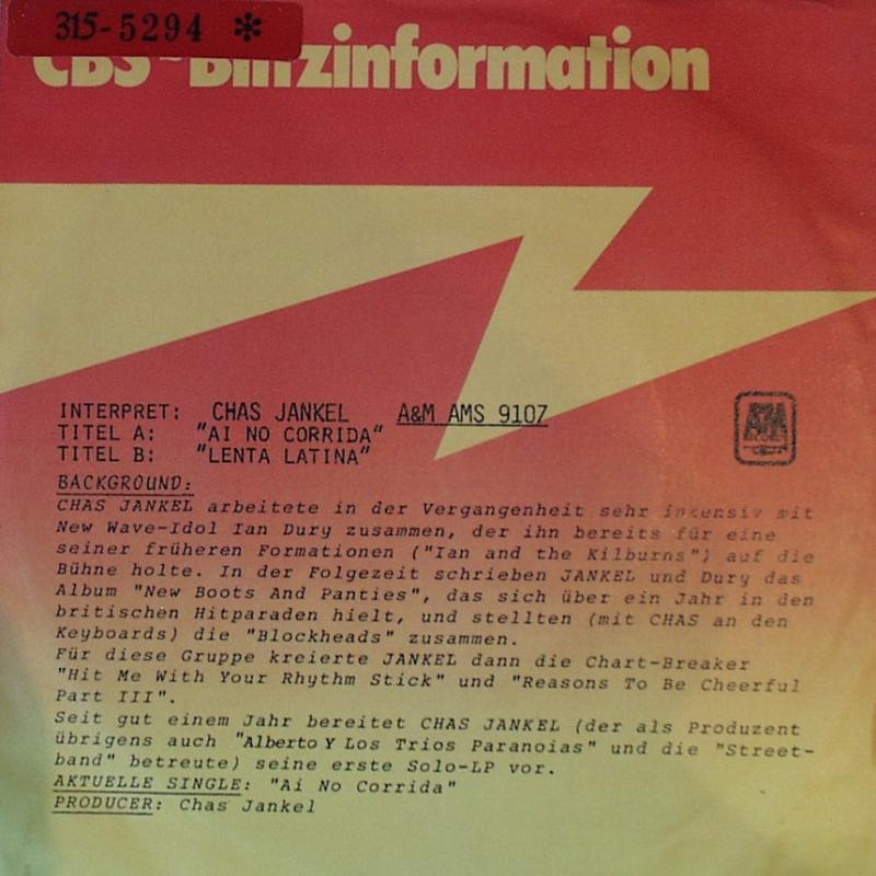 Jankel, Chas - Ai No Corrida / Lenta Latina - 7"