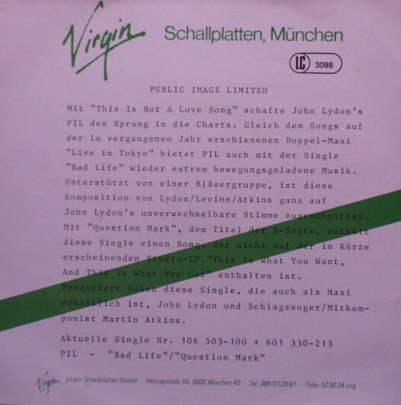 P.I.L. / Public Image Limited - Bad Life / Question Mark - 7"