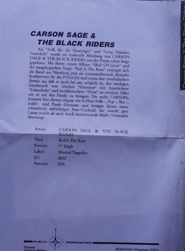 Carson Sage & The Black Riders	- Red Is The Rose / Freedom Come All 'Ye- 7"