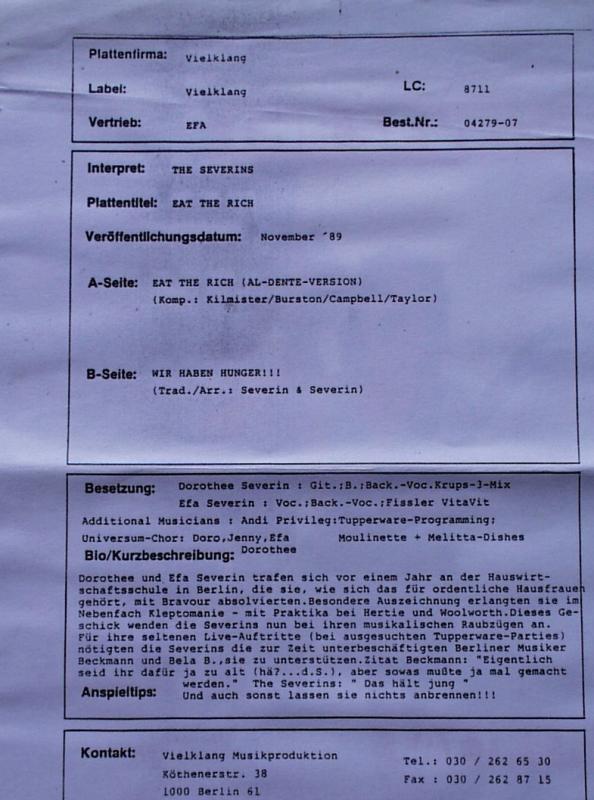 Severins, The - Eat The Rich / Wir Haben Hunger !! - 7"