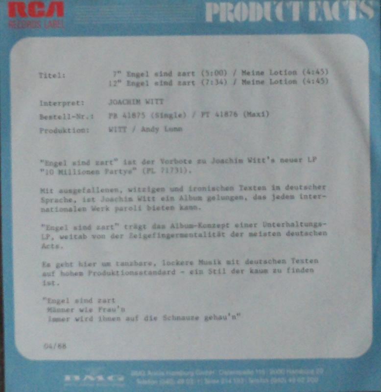Witt, Joachim - Engel Sind Zart / Meine Lotion - 7"